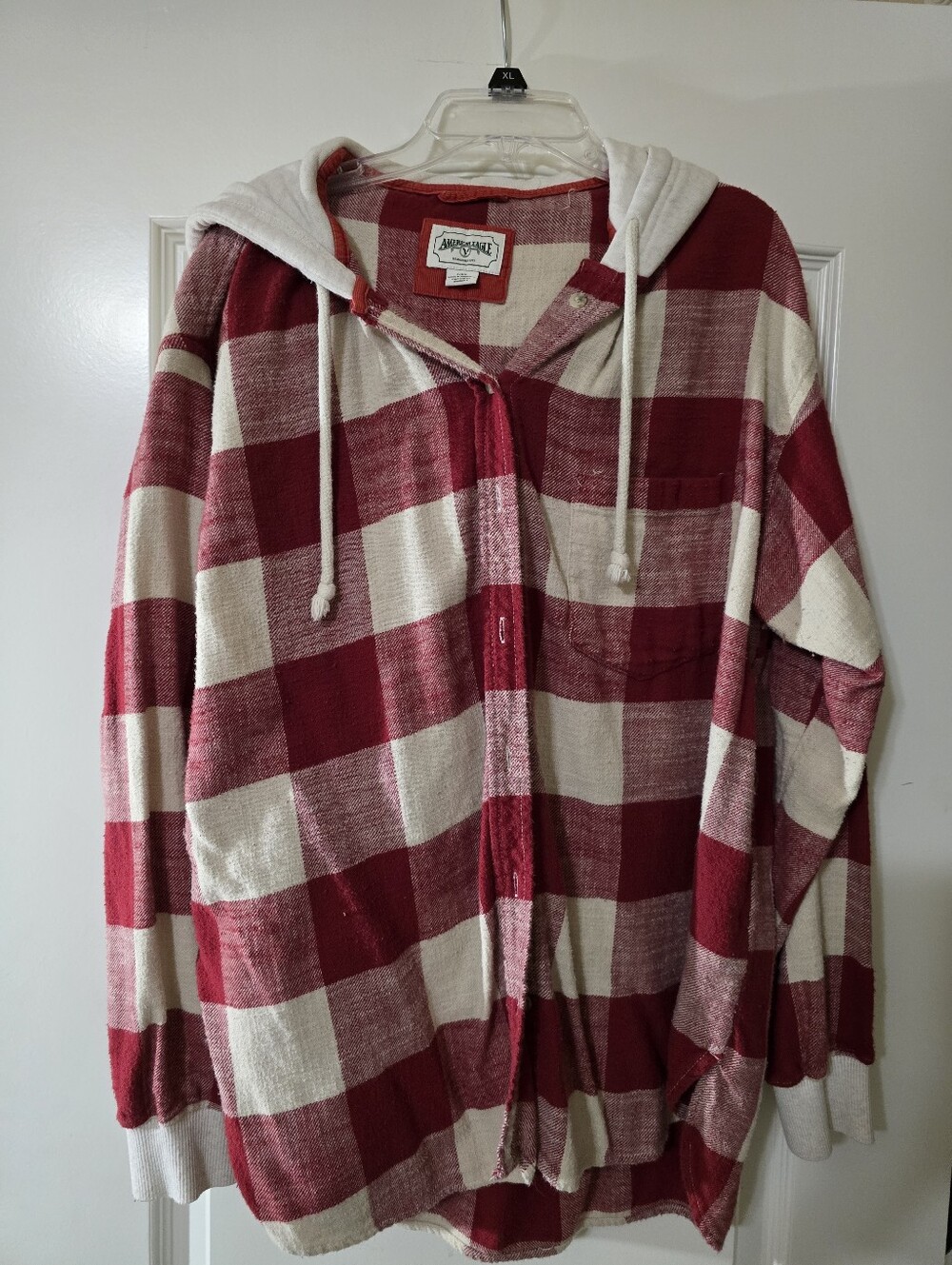 American Eagle Red and Cream Plaid Hooded Button-Up Jacket